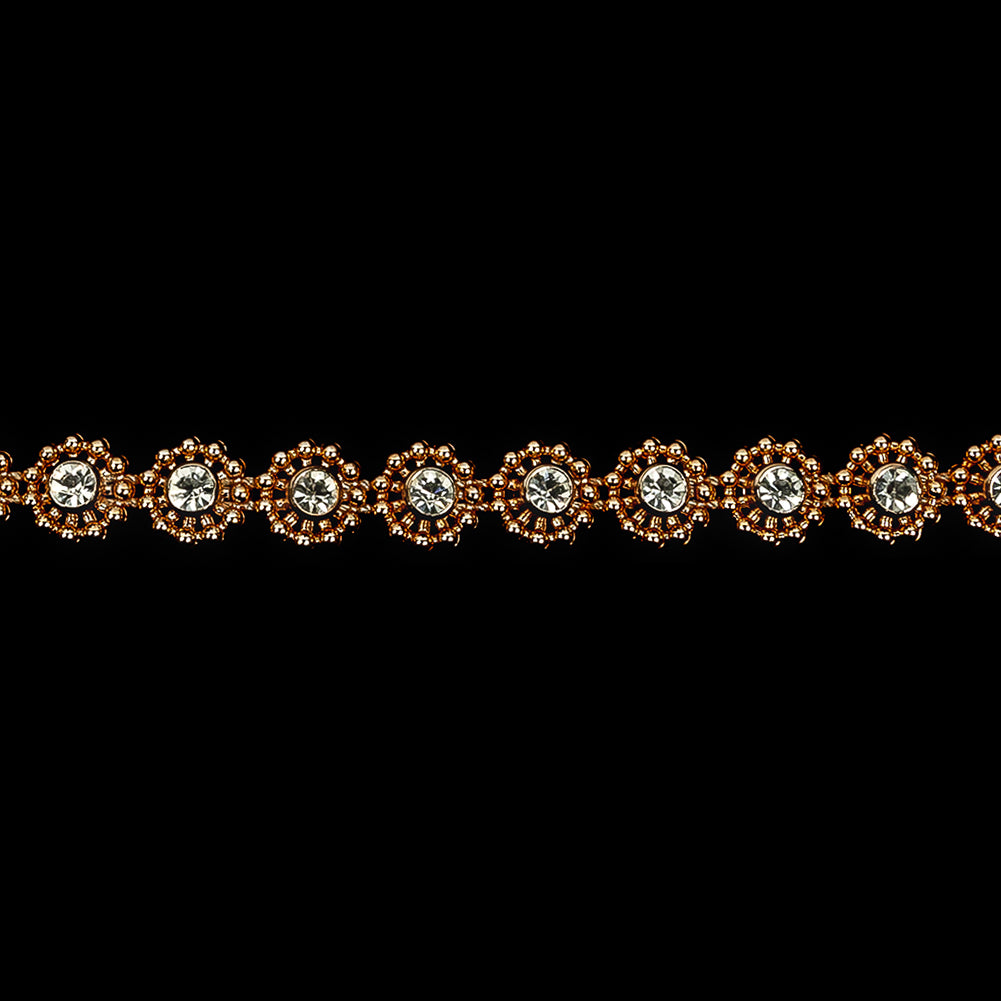 Vintage Rose Gold Floral Beaded Trimming with Rhinestone Centers - 0.375