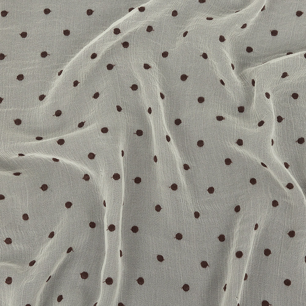 Famous Australian Designer Coconut Milk and Chocolate Embroidered Dots Crinkled Silk Georgette - Joann Fabrics