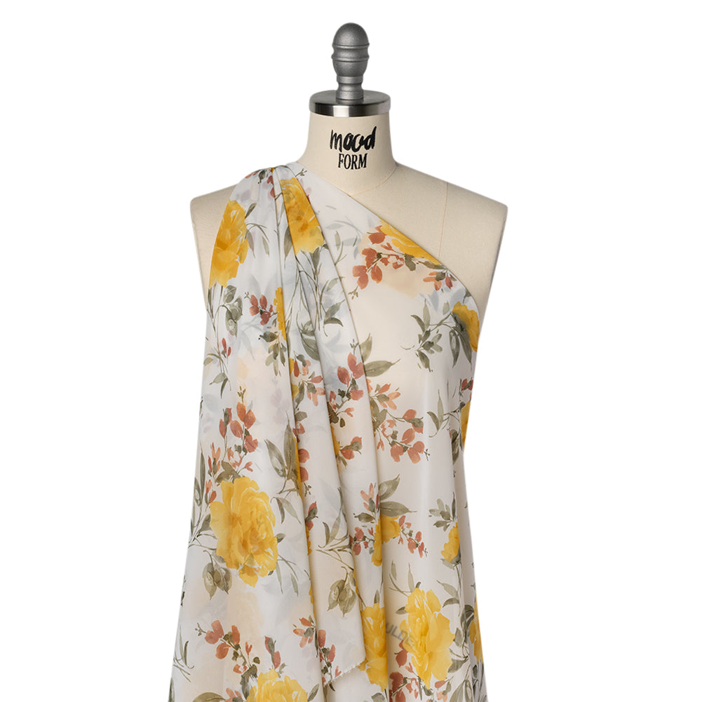 Polyester Chiffon Print - Yellow, Brick Red and White Floral - Designer Deadstock - Joann Fabrics