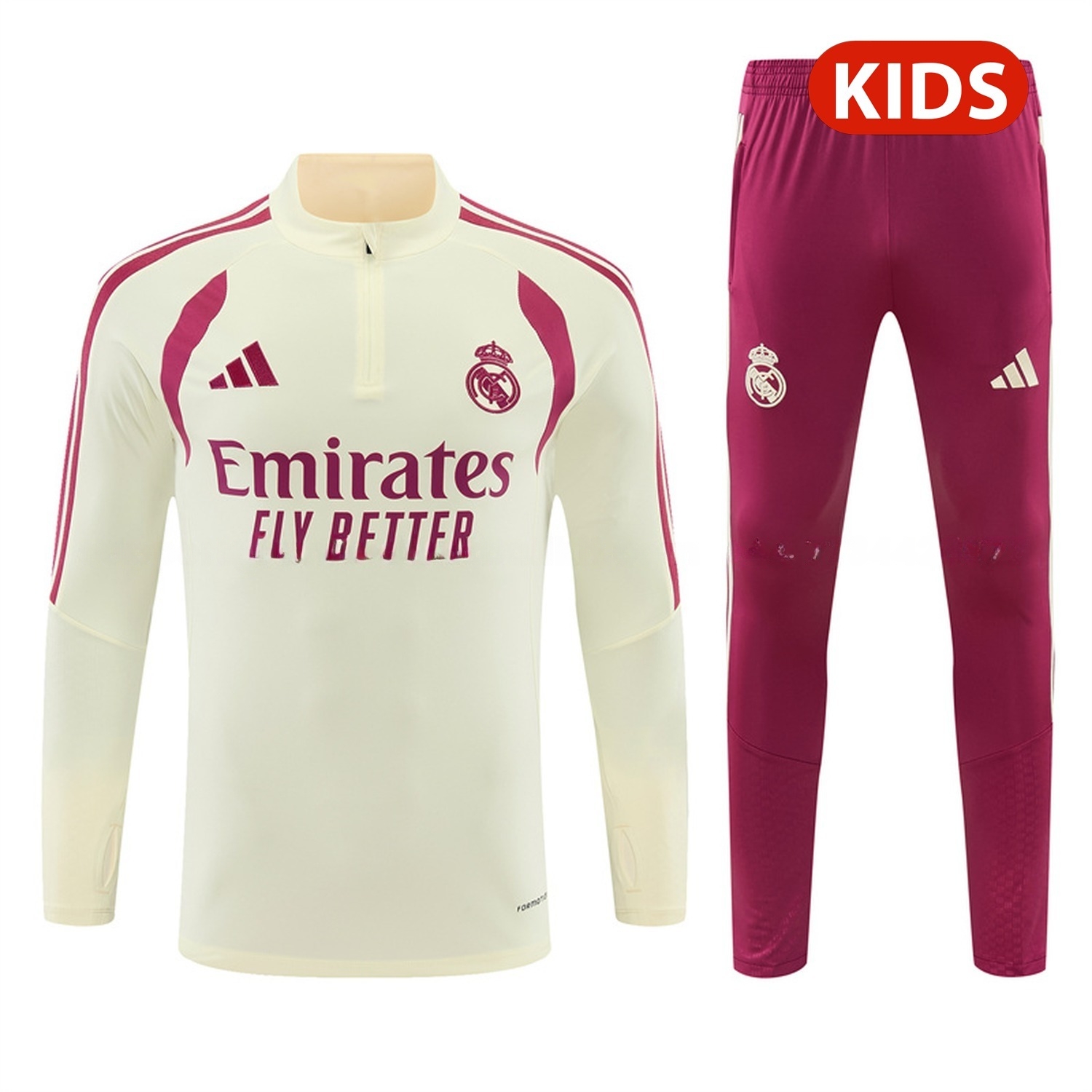 Real Madrid 26-27 Kids Long Sleeve Training Set - Cream Top & Rose Red Pants - UnitedFutballJersey