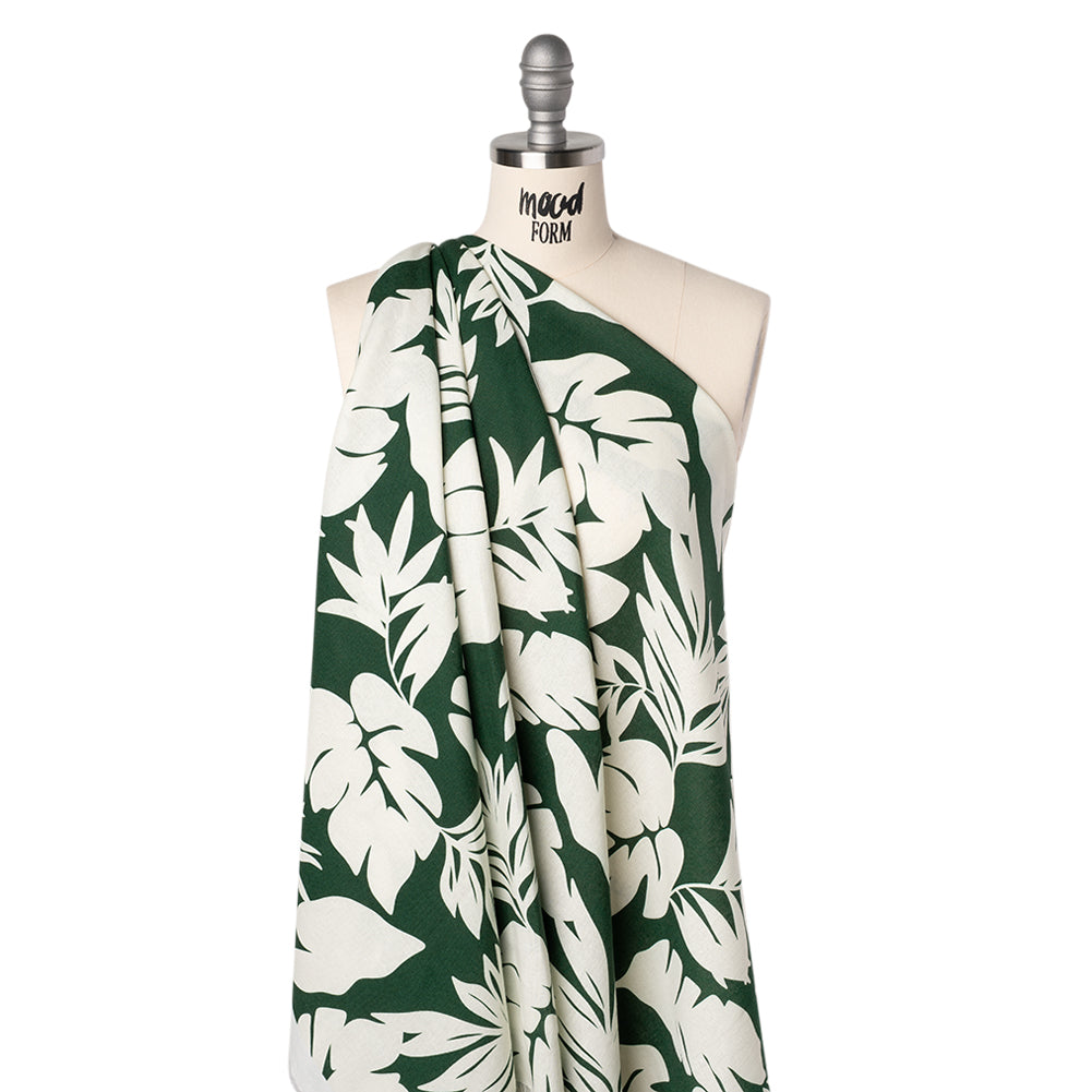 Linen and Rayon Woven - Pine Green and Ivory Leaf Silhouettes - Mood Exclusive Neutral Nature Print - Joann Fabrics