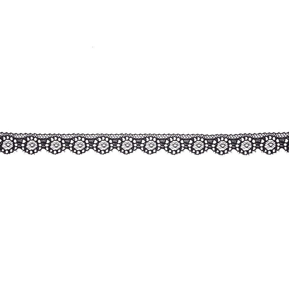 Black Floral Wheels Scalloped Raschel Lace Trim - 0.625