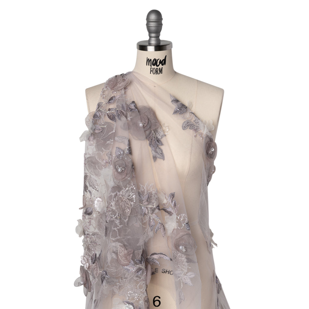 Embroidered and Beaded Tulle with 3D Fabric and Ribbon Flowers - Lilac, Gray and Silver Floral - Joann Fabrics