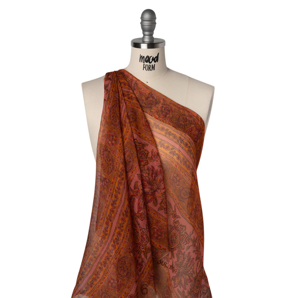 Crinkled Silk Chiffon Print - Pink, Dark Orange and Red Paisley and Floral Stripe - Deadstock - Joann Fabrics