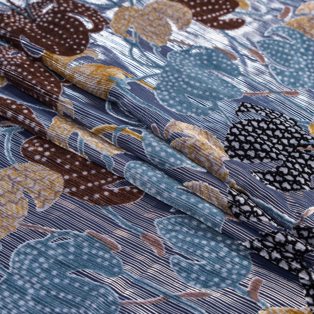 Floral Burnout Velvet with Metallic Silver Stripes - Blue, Yellow and Burgundy - Joann Fabrics