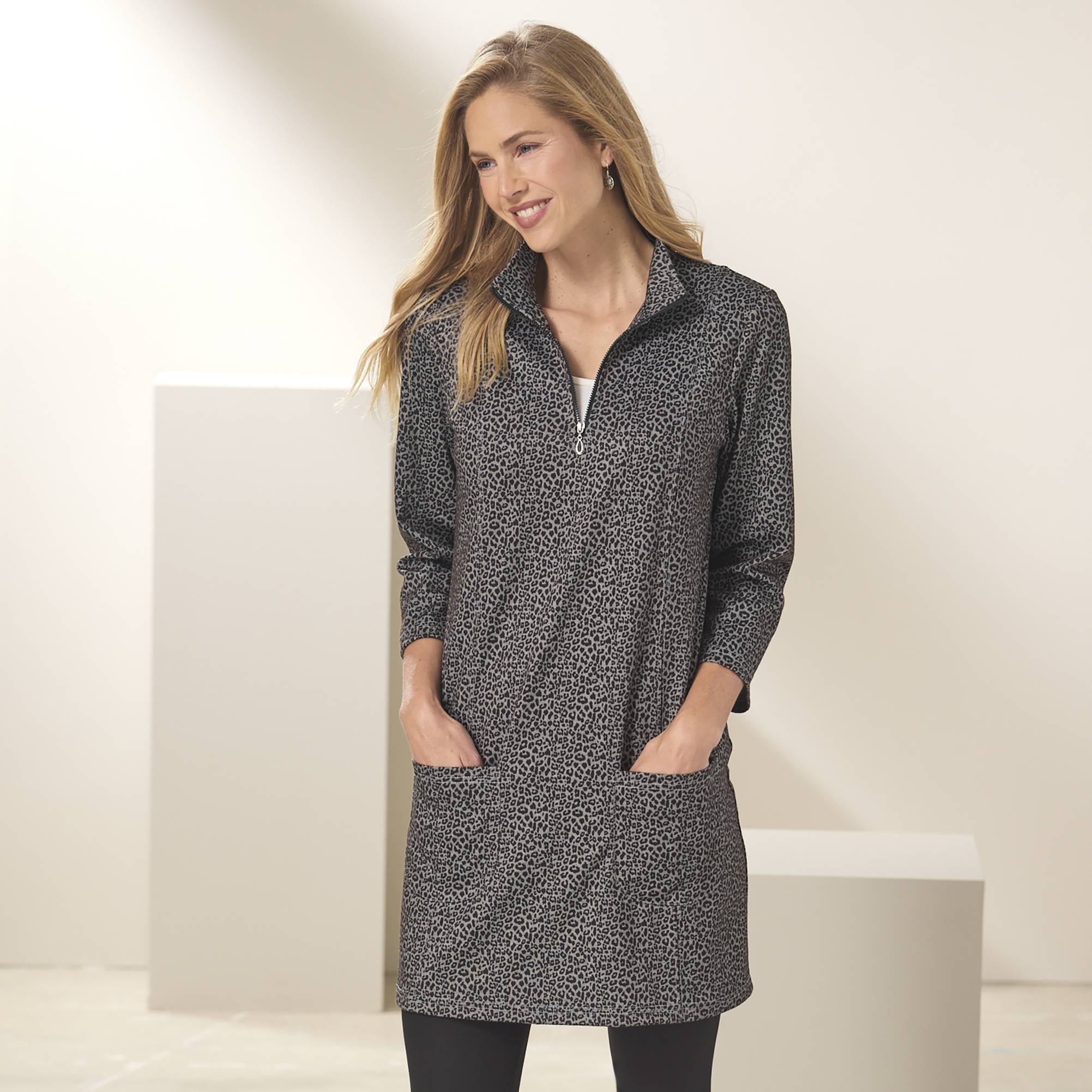 Animal Print Ponte Tunic, Packable, Pockets, 3/4 Sleeves - Northstyle Catalog