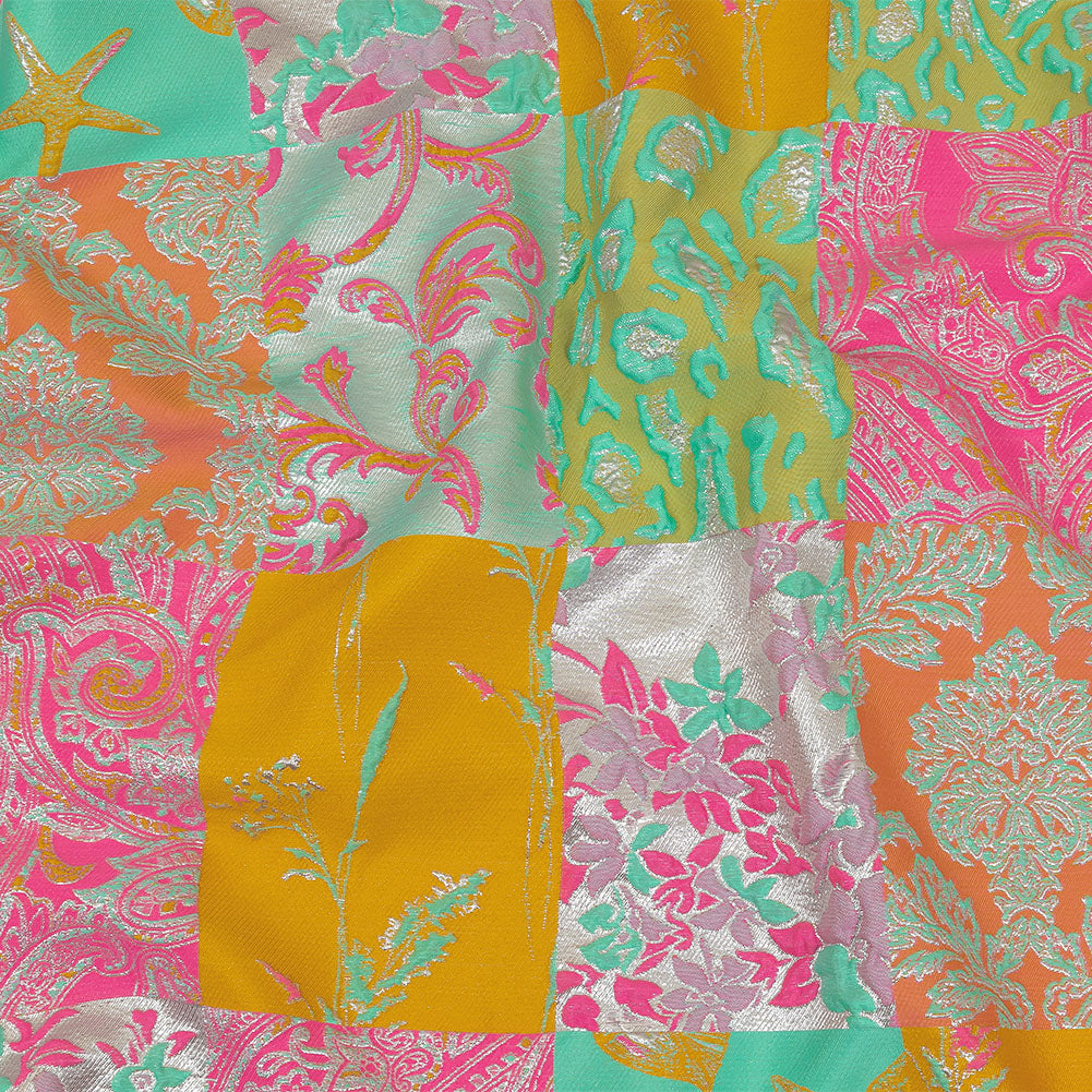 Aqua, Pink and Saffron Patchwork Metallic Luxury Brocade - Joann Fabrics