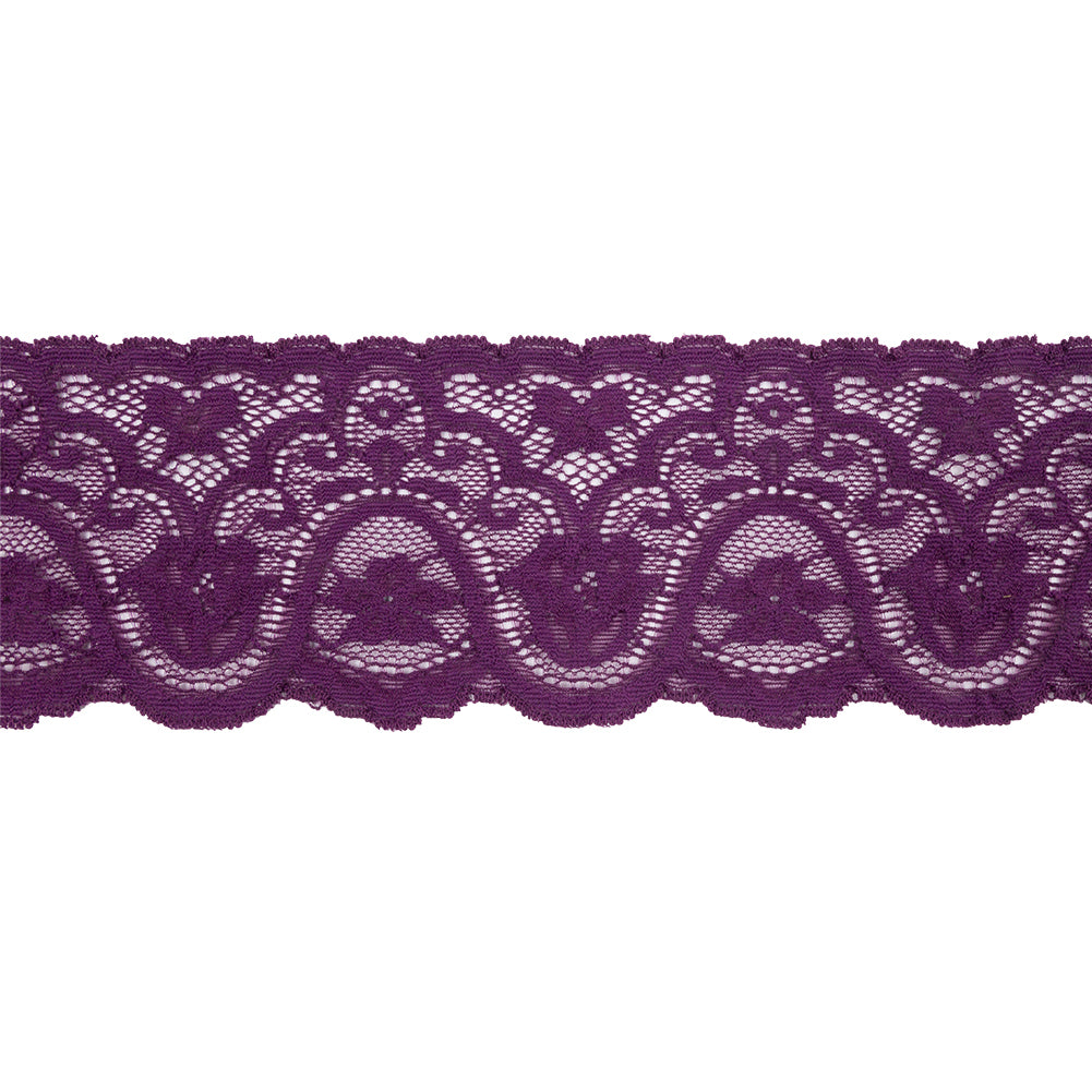 Purple Rose Floral Waves Stretch Lace Trim with Scalloped Edges - 2.875