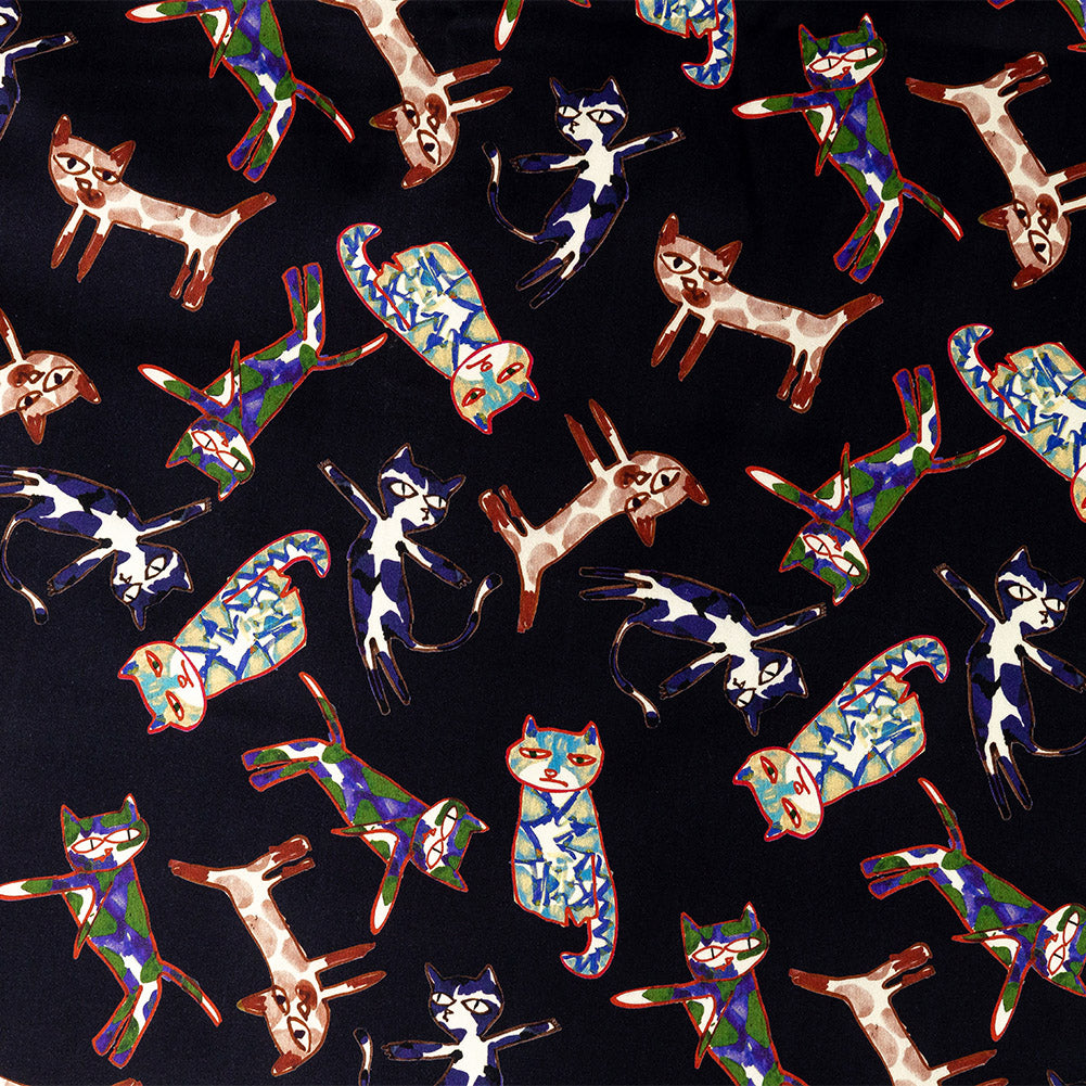 Stretch Cotton Sateen - Colorful Cats on Black - Fatuous Felines Print - Mood Exclusive Tumunyana Collection - Joann Fabrics