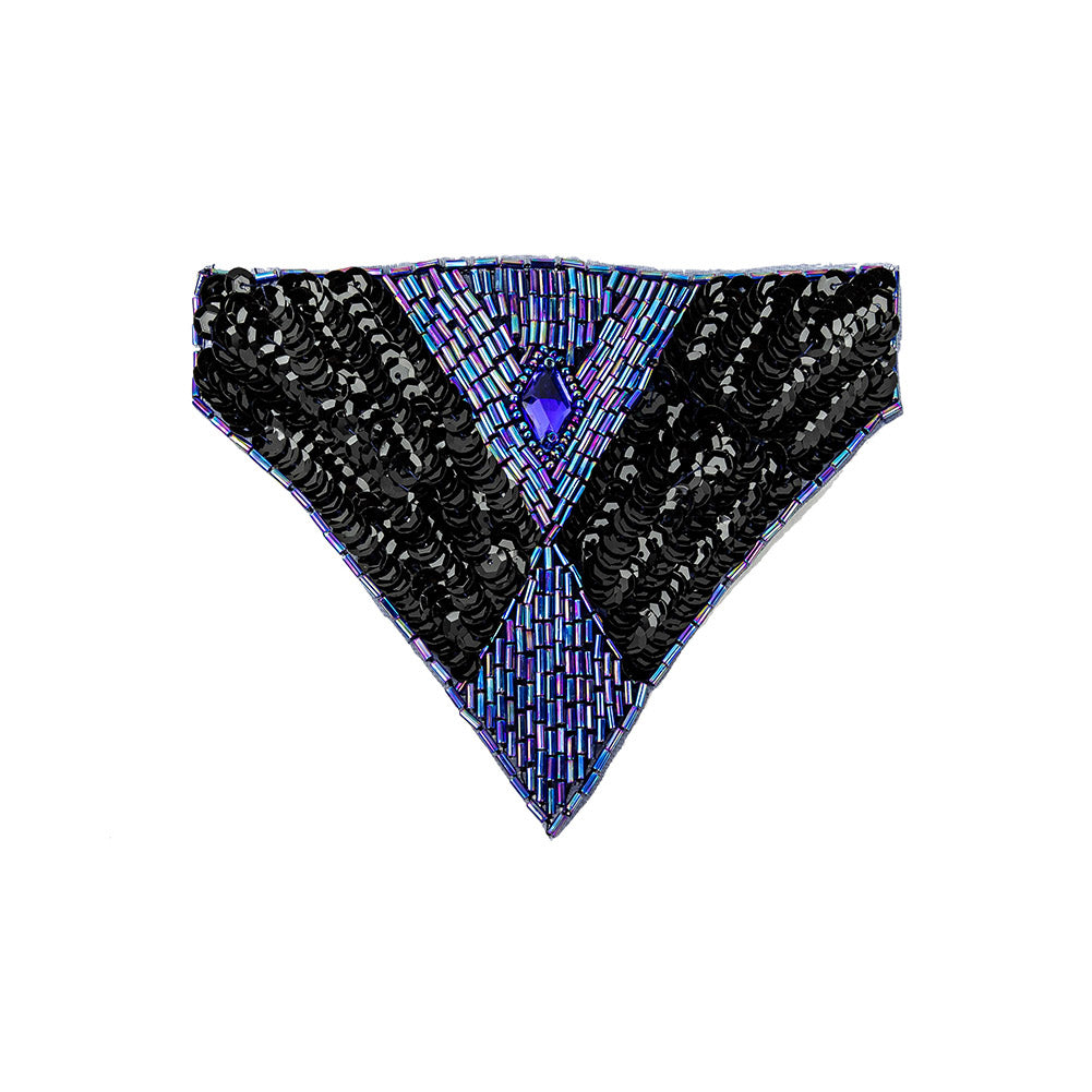 Vintage Black Sequins and Blue Iris Beaded Applique with Diamond-shaped Crystal Center - 4.375