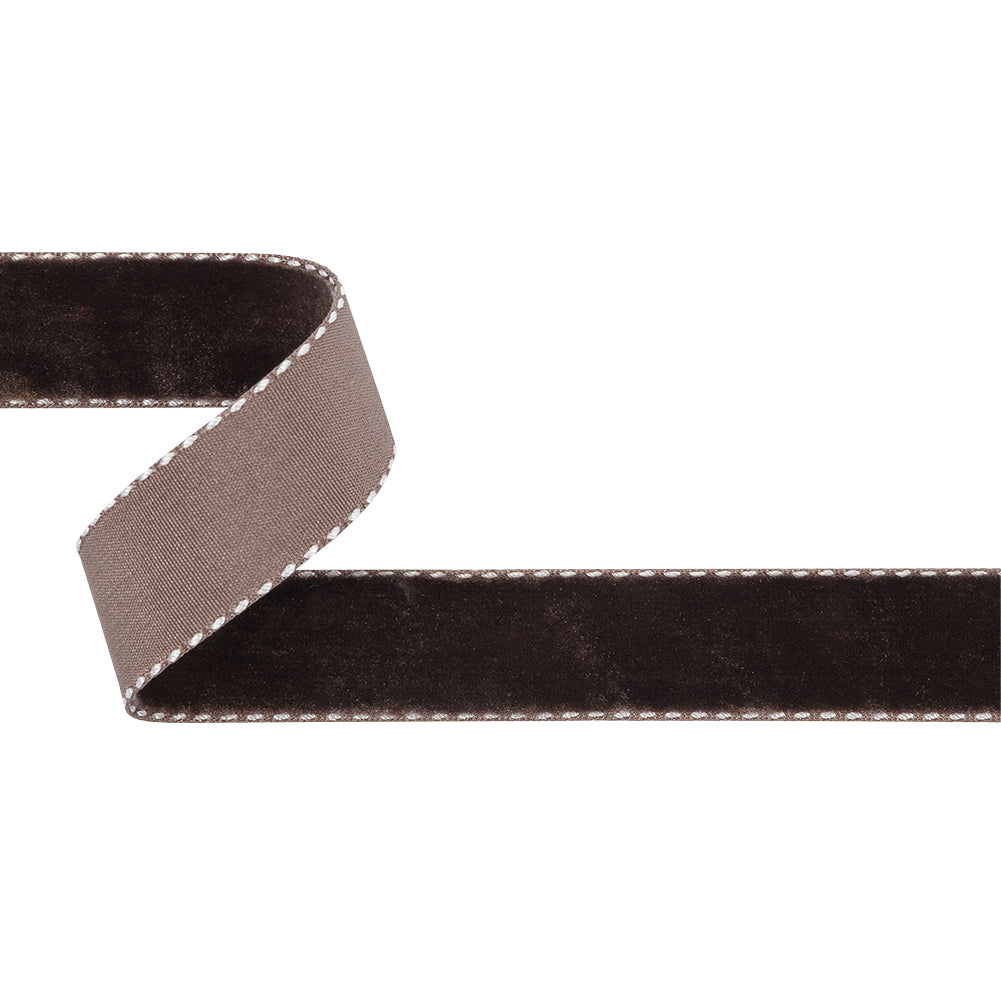 Faded Brown and White Side-Stitched Velvet Ribbon - 0.75