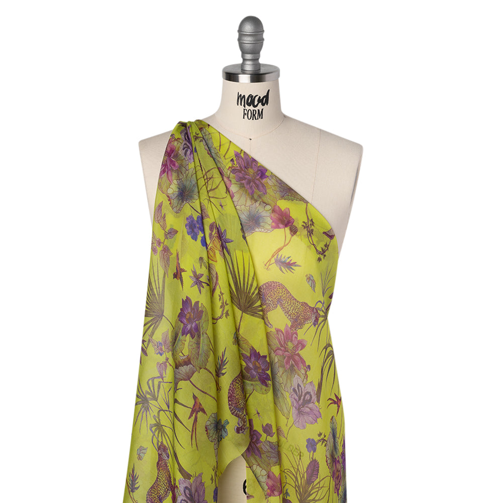 Silk Voile Print Made in Italy - Chartreuse Green, Purple and Blue Tropical Flora and Fauna - Deadstock - Joann Fabrics