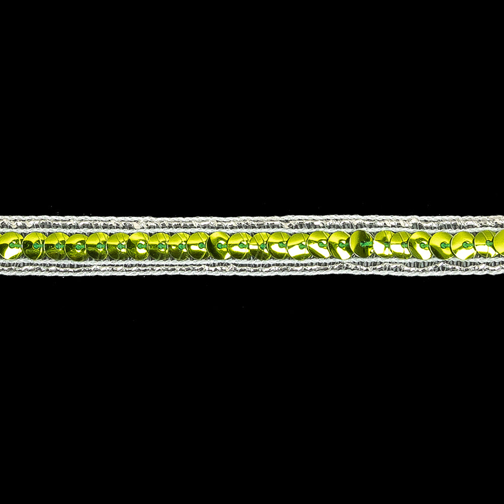 Lime Single Row Sequins and Metallic Silver Stripes Trim - 0.4375