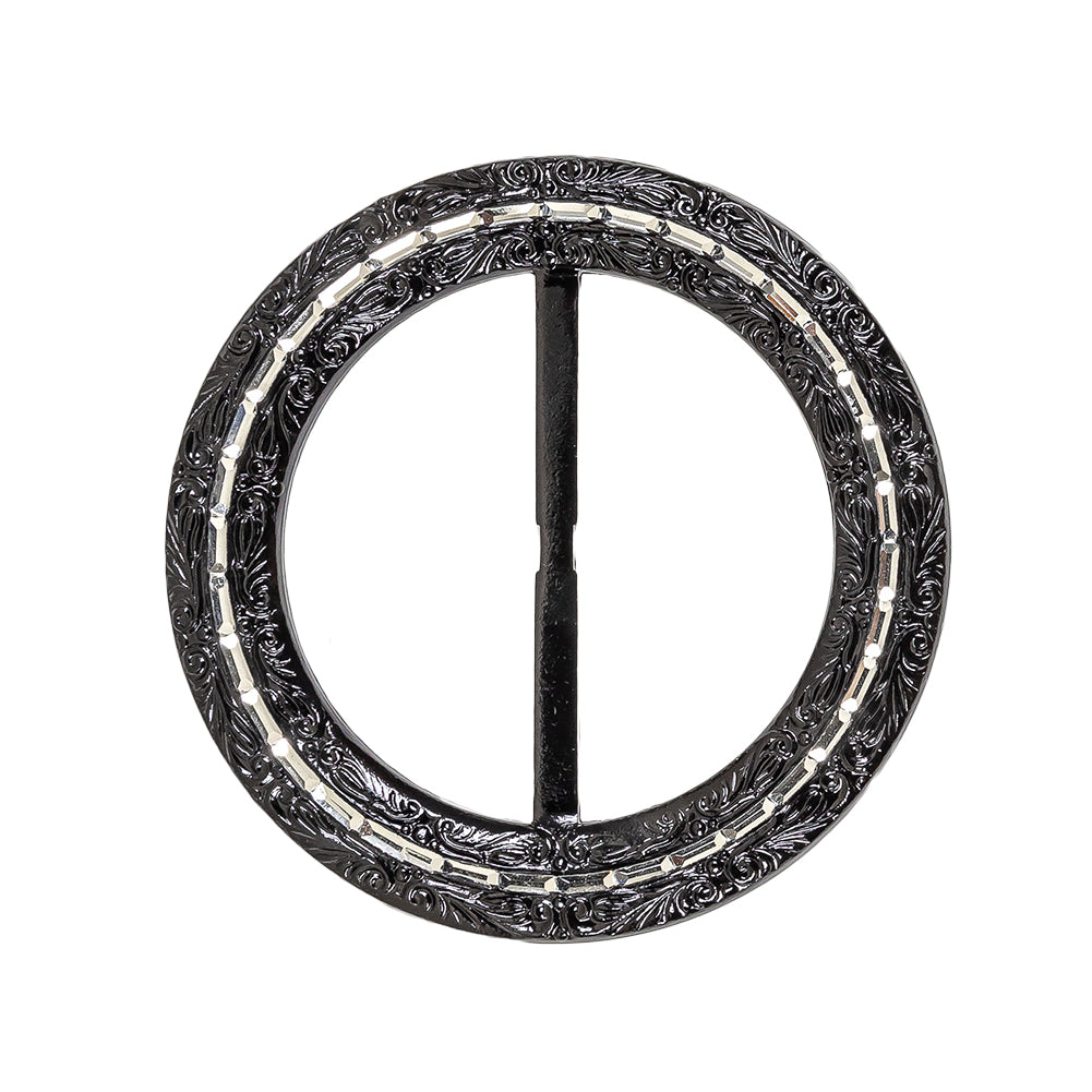 Vintage Black Classical Swirls Round Slider with Faceted Silver Band - 2.75