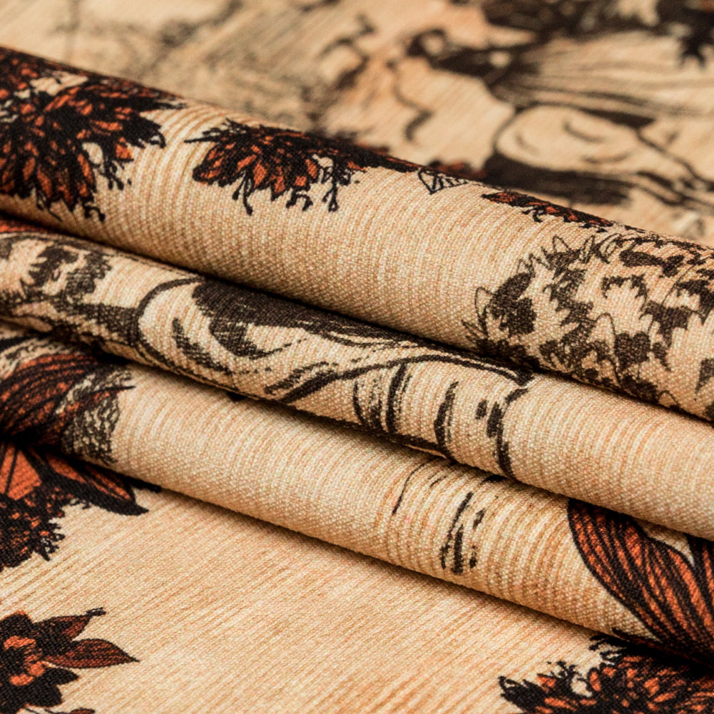 Stretch Polyester Crepe - Orange Floral and Toile - The Strange Dog Print - Mood Exclusive Crow Collection - Joann Fabrics