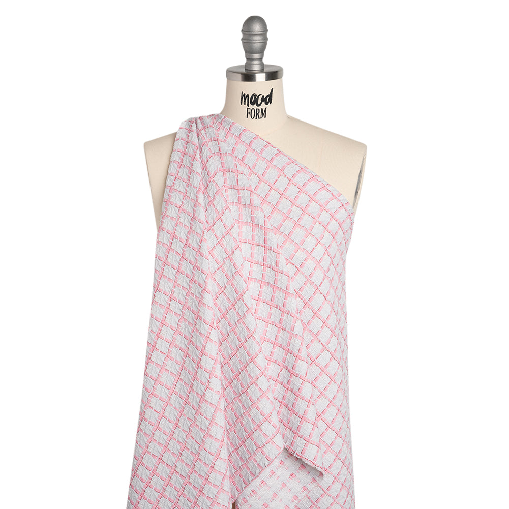Tweedy Polyester Woven - White and Pink Ribbon Windowpane Checks - Deadstock - Joann Fabrics