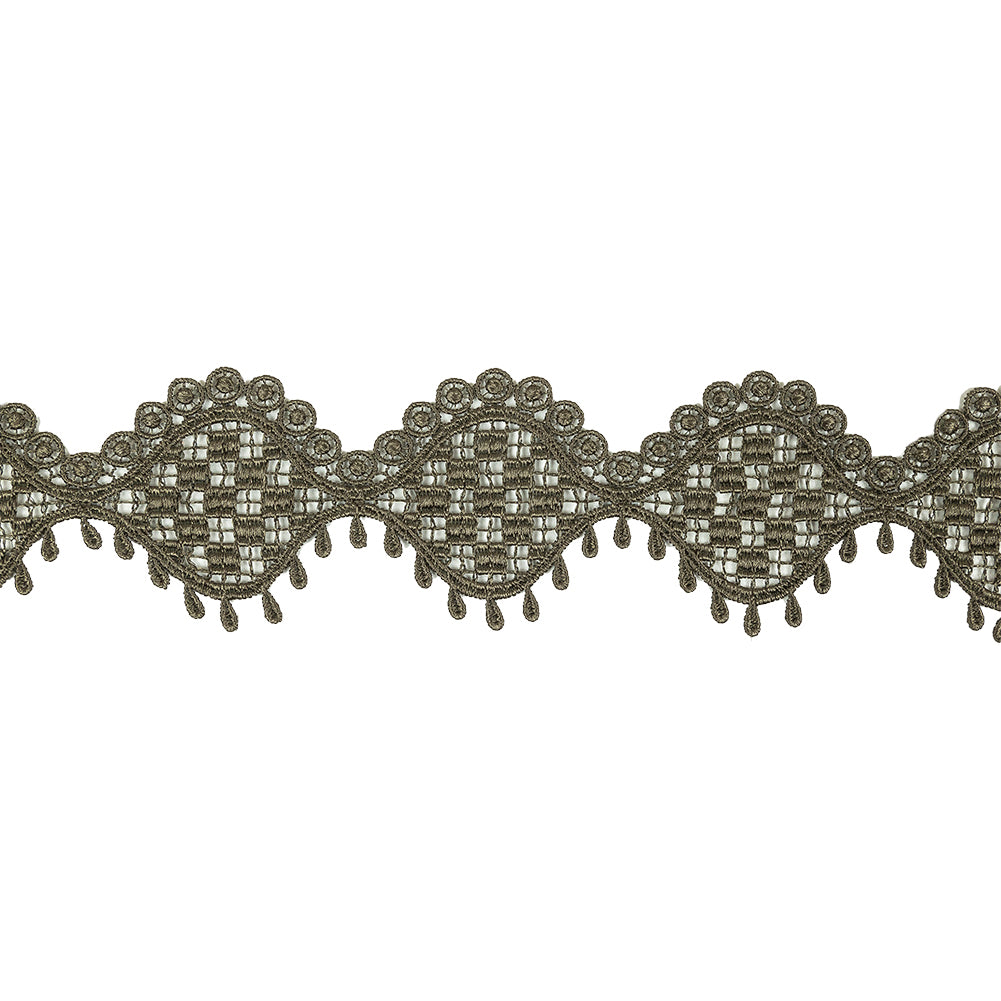 Olive Green Checks, Ogee, and Circles Venise Lace Trim with Teardrop Fringe - 2.125