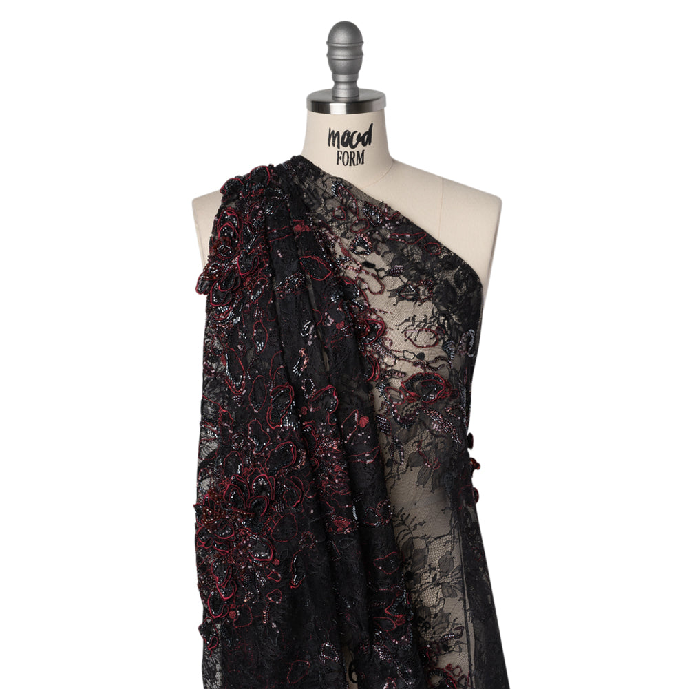 Embroidered and Beaded Chantilly Lace with 3D Fabric Flowers - Black and Dark Red Floral - Joann Fabrics