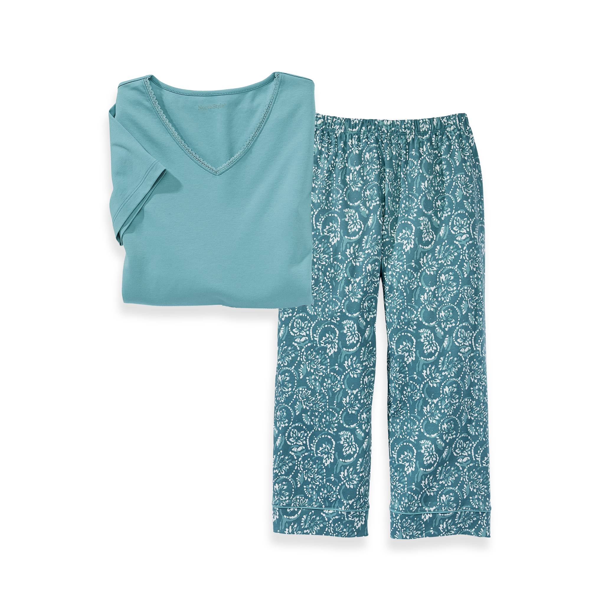 Batik Swirl Peruvian Cotton PJs, Lace-Trim V-Neck Top, Print Capris - Northstyle Catalog