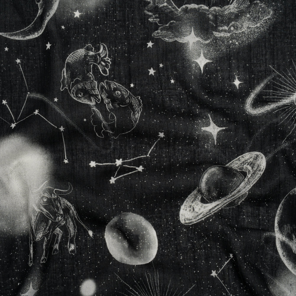 Crinkled Cotton Gauzy Woven - Black and White Sketches in Space - Mood Exclusive Heavenly Horoscope Print - Joann Fabrics