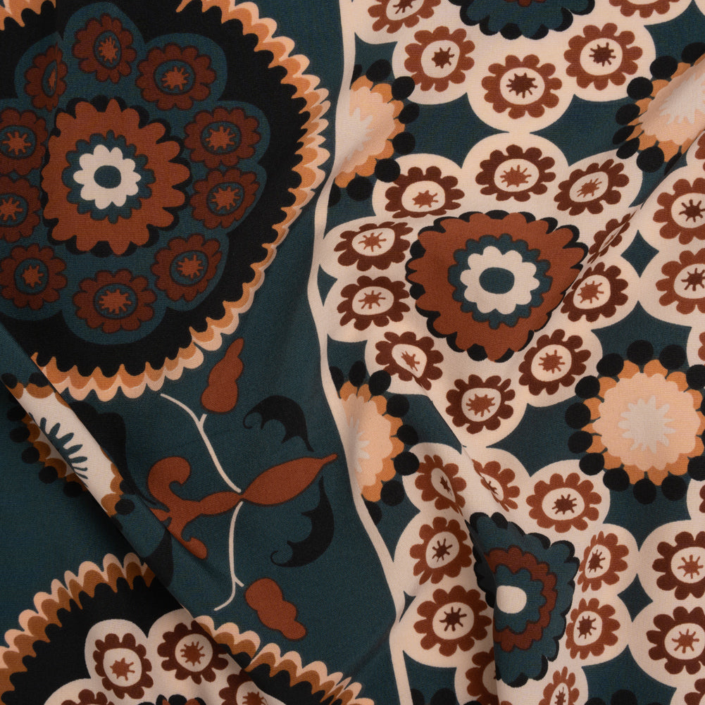 Stretch Polyester Crepe de Chine Print - Sandstorm, Dark Teal and Brick Floral - Designer Deadstock - Joann Fabrics