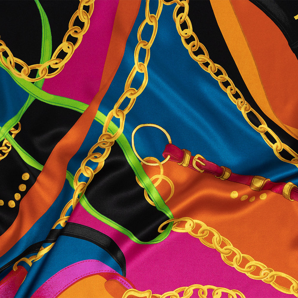 Mood Exclusive Italian Teal, Orange and Gold Chains and Purse Straps Digitally Printed Silk Charmeuse - Joann Fabrics