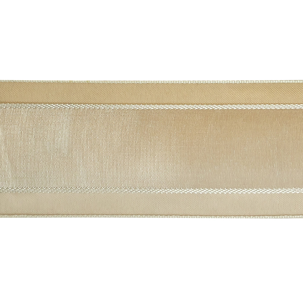 Beige and White Ombre Woven Ribbon with Sheer Organza Borders - 1.5