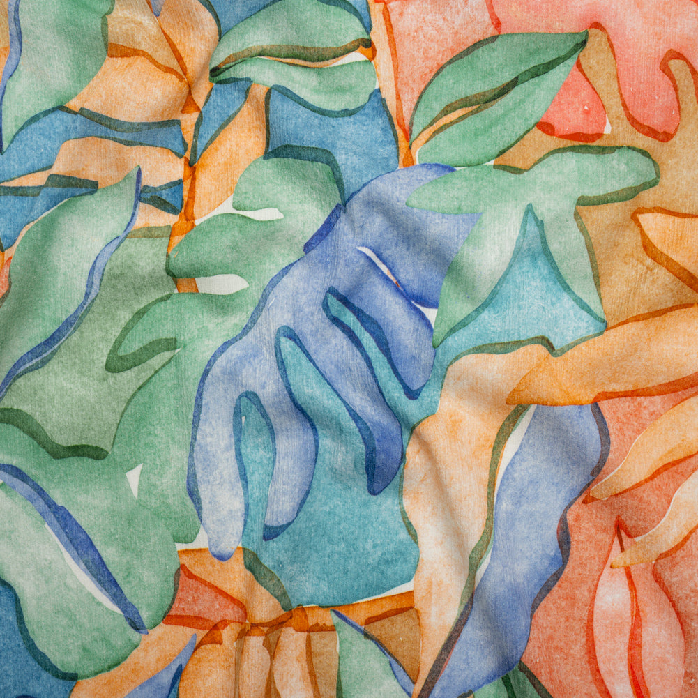 Slubbed Gauzy Cotton Woven - Green, Blue and Orange Watercolor Leaves - Mood Exclusive Cascading Canopy Print - Joann Fabrics