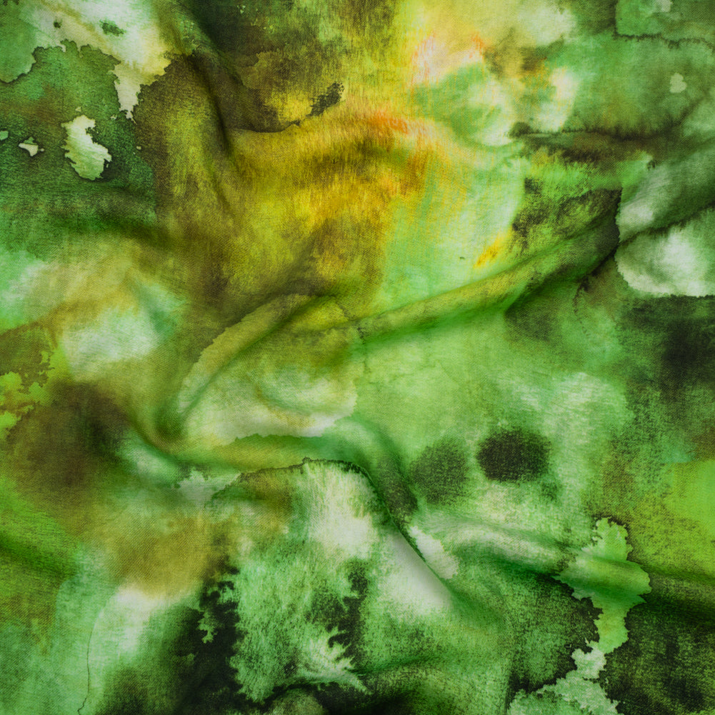 Rayon Challis - Lime Green, Sunny Orange and Olive Abstract Tie Dye - Mood Exclusive Pigment Pulse Print - Joann Fabrics