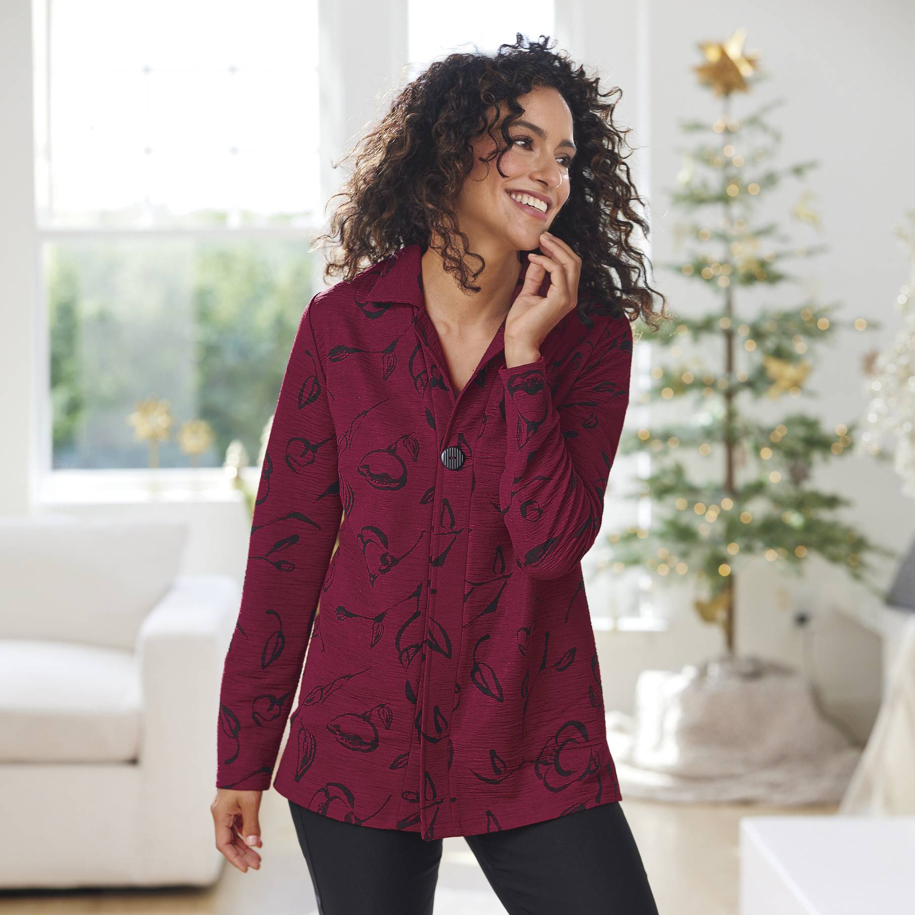 Hidden-Placket Crinkle Knit Shirt, Notched Lapels, Side Slits - Northstyle Catalog