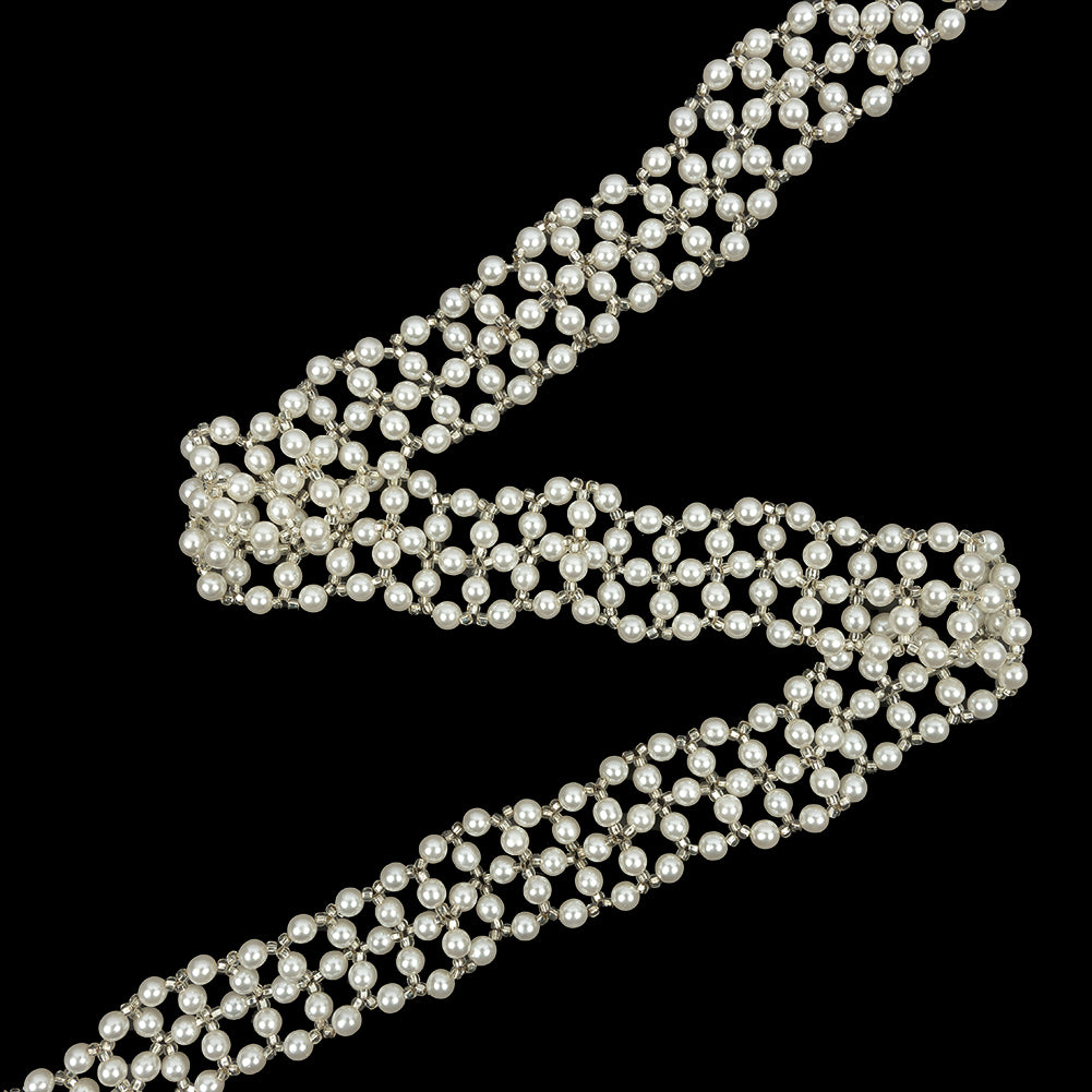 Vintage Silver and Faux Pearl Beaded Latticework Belt With Fringe - 33