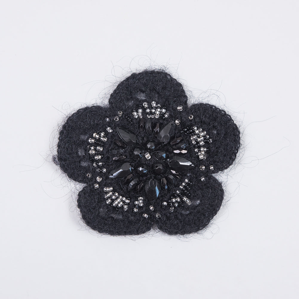 Black Knit Beaded Flower Brooch - 4