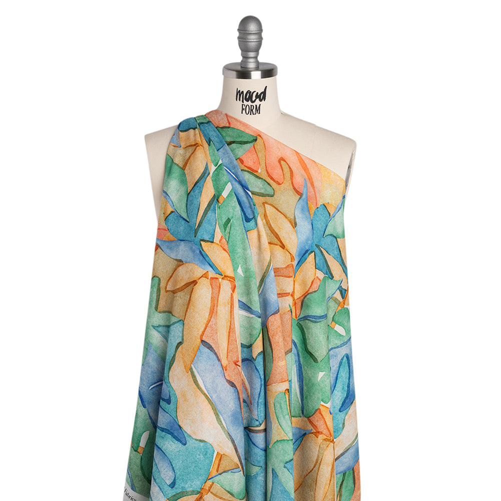 Cotton Crepe - Green, Blue and Orange Watercolor Leaves - Mood Exclusive Cascading Canopy Print - Joann Fabrics