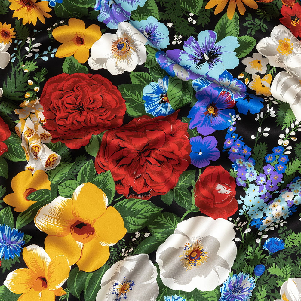 Mood Exclusive Italian Red, Yellow and Blue Floral Silk Charmeuse - Joann Fabrics