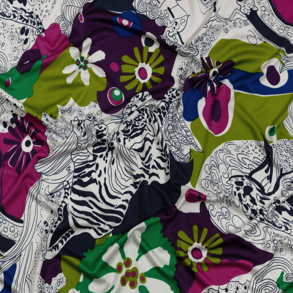 Magenta, Kiwi and Navy Flowers and Animal Sketches Silk Jersey - Joann Fabrics