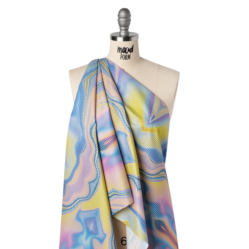 Reflective Print Fabric - Blue, Pink and Yellow Oily Abstract with Silver Gray Grid - Joann Fabrics