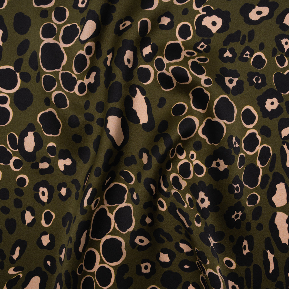 Silk Charmeuse Print 16MM, Made in Italy - Dark Olive Green, Beige and Black Animal Spots - Joann Fabrics
