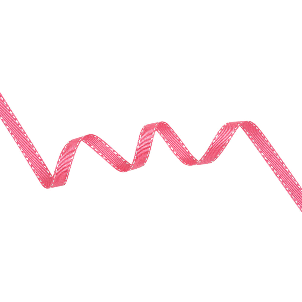Grosgrain Ribbon with White Stitched Borders - Hot Pink - 0.4375
