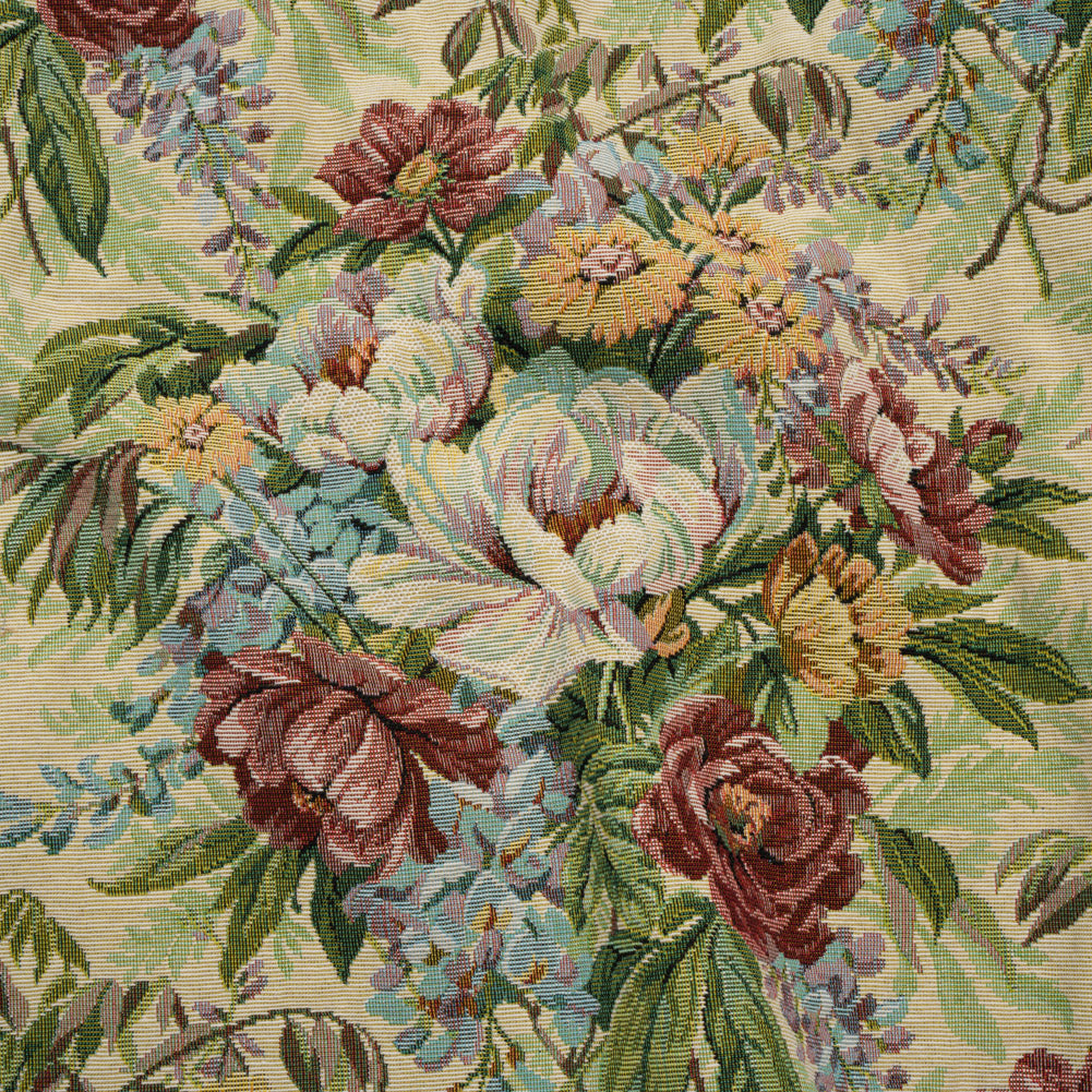 Polyester and Cotton Jacquard Made in Italy - Wine Red, Leaf Green, and Yellow Rose Garden - Deadstock - Joann Fabrics