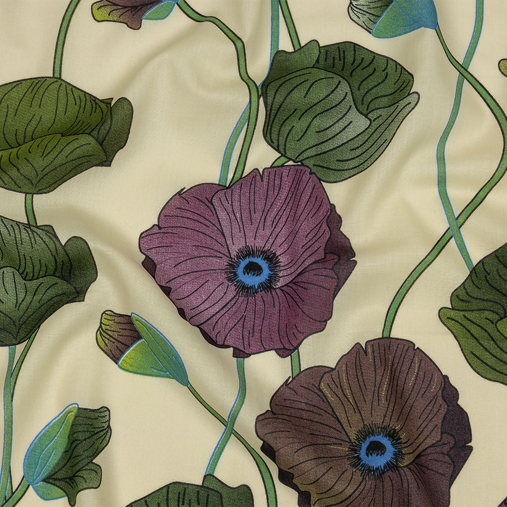 Beige, Green and Plum Big Poppies Cotton Lawn - Joann Fabrics