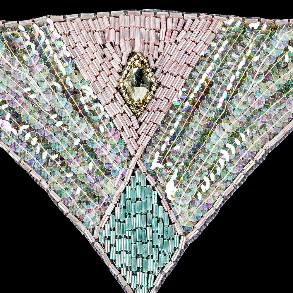 Vintage Pastel Multicolored Sequins and Beaded Applique with Diamond-shaped Crystal Center - 4.375