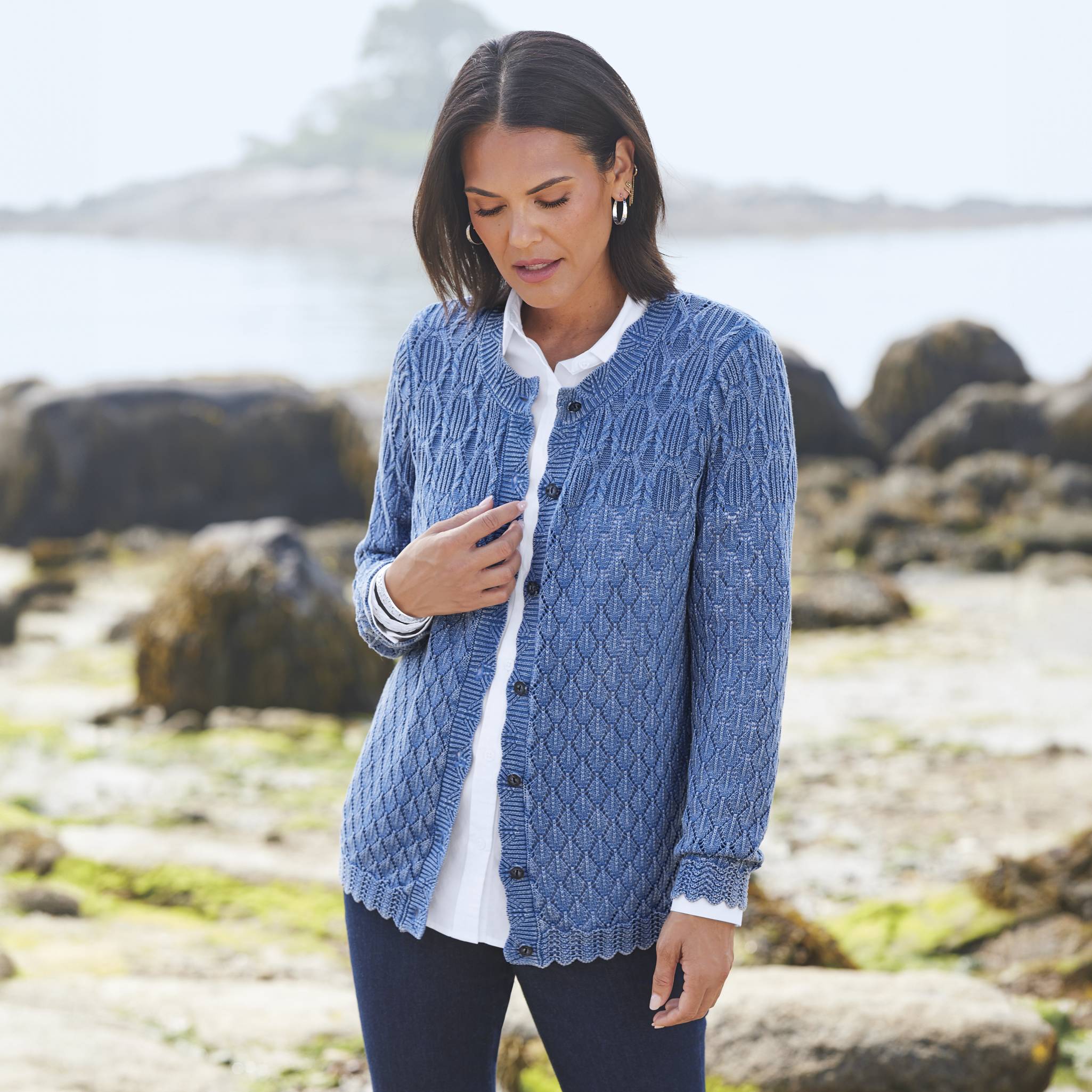 Cotton Vintage-Wash Pointelle Cardigan, Scalloped Trim - Northstyle Catalog