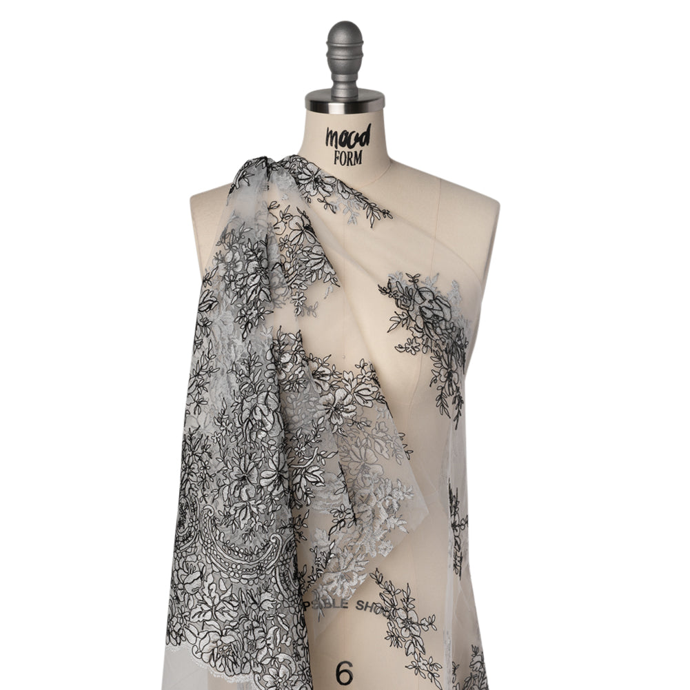 Corded Embroidered Tulle Lace with Scalloped Borders - Black and White Floral - Joann Fabrics