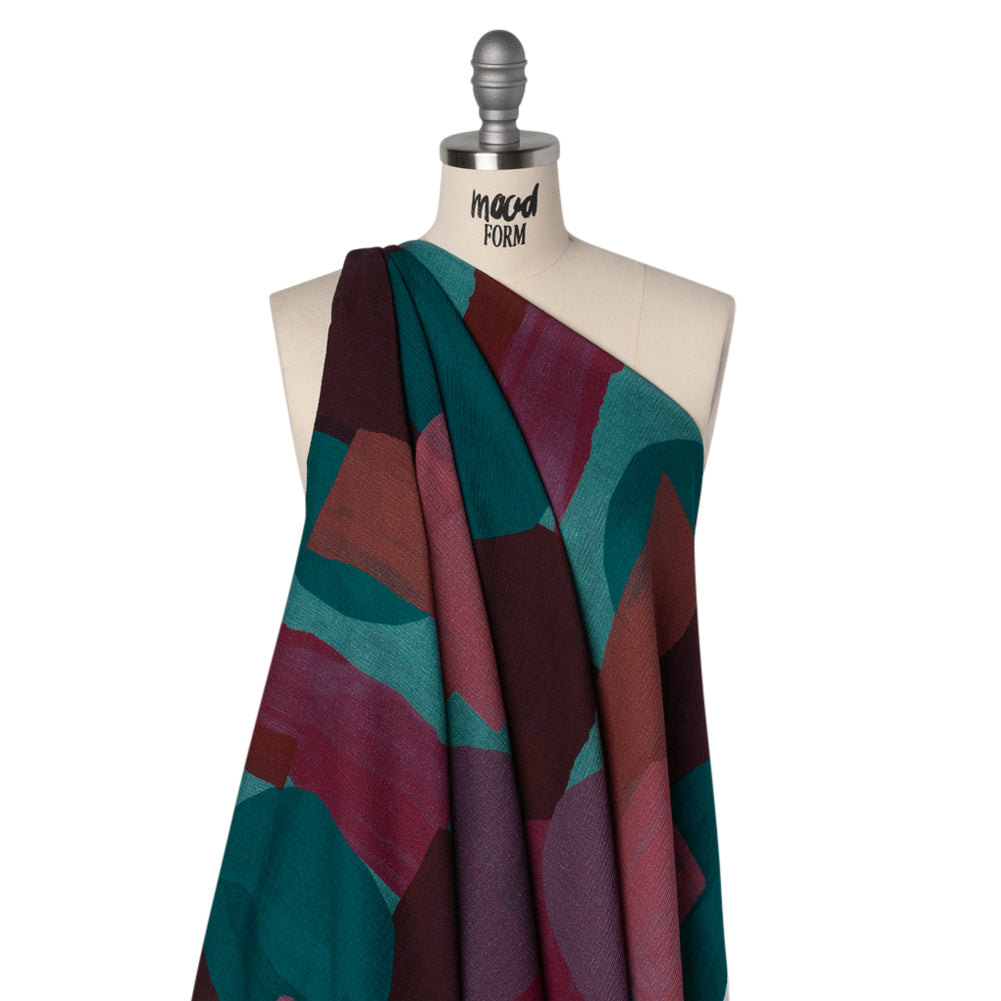 Slubbed Gauzy Cotton Woven - Teal Green, Burgundy and Magenta Painted Geometrics - Mood Exclusive Brushed Blocks Print - Joann Fabrics