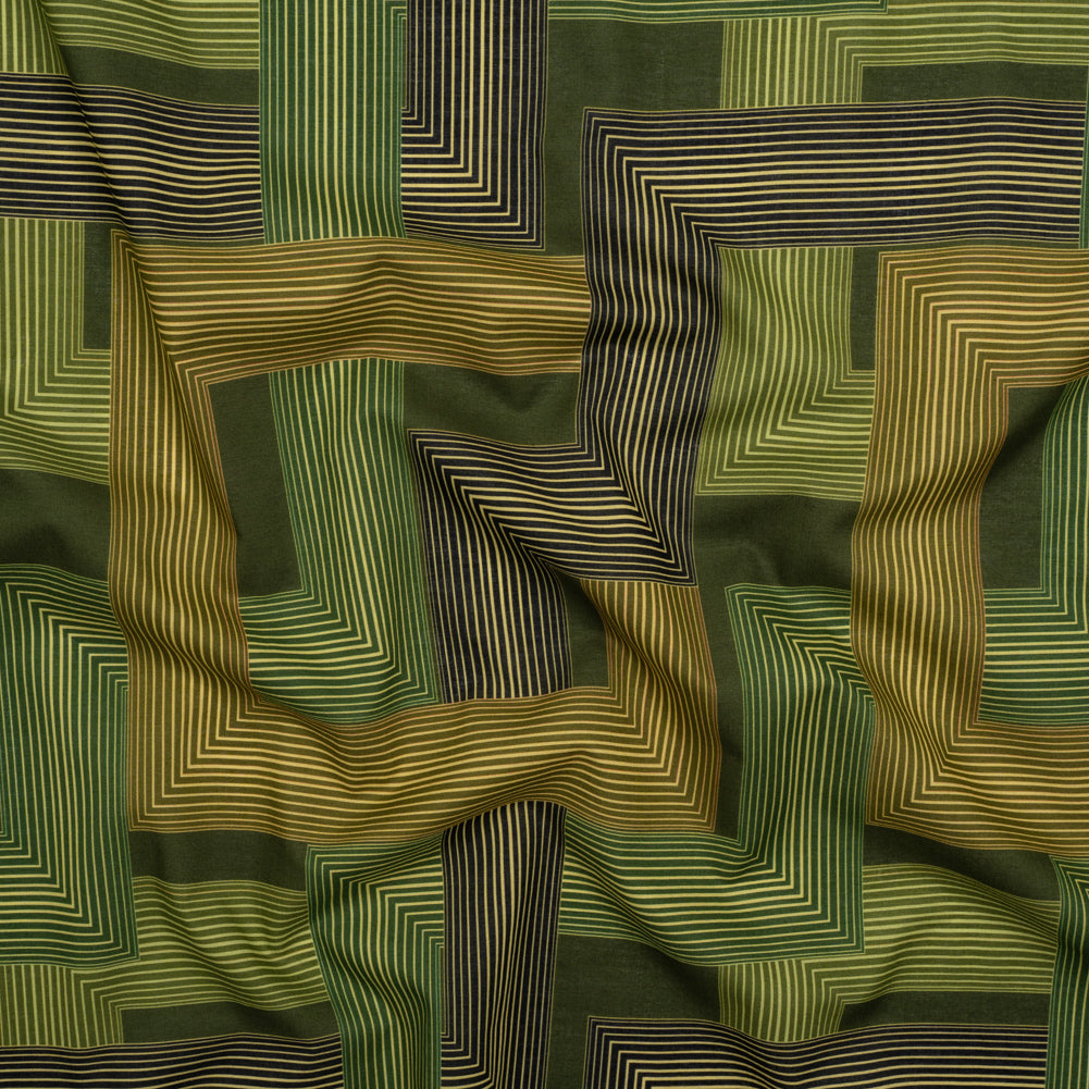 Cotton Voile - Olive and Hunter Green Geometric Lines - Hedge Maze Print - Mood Exclusive Acadia Collection - Joann Fabrics