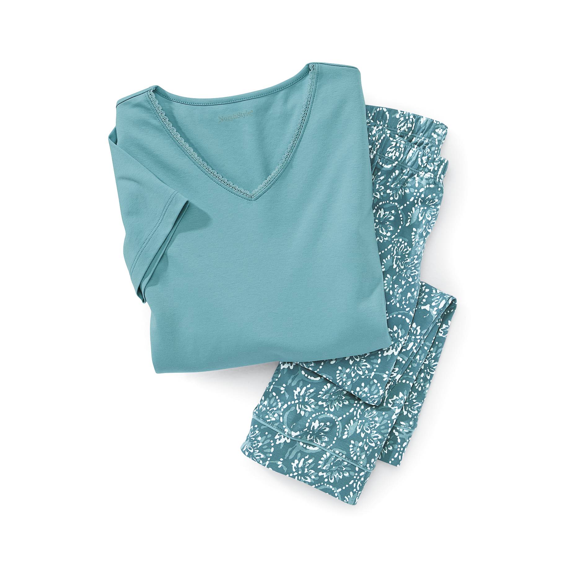 Batik Swirl Peruvian Cotton PJs, Lace-Trim V-Neck Top, Print Capris - Northstyle Catalog