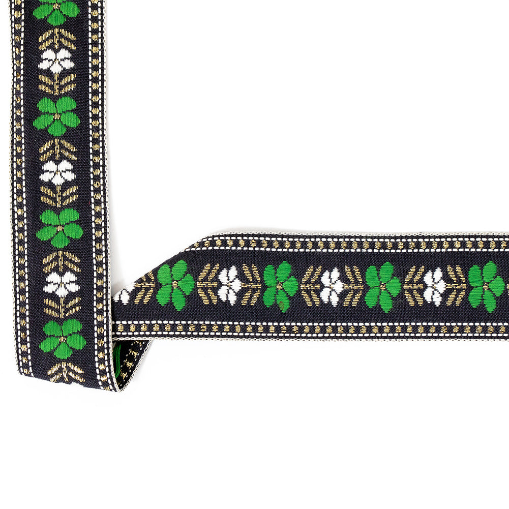 Green, White and Metallic Gold Floral Jacquard Ribbon - 1.5