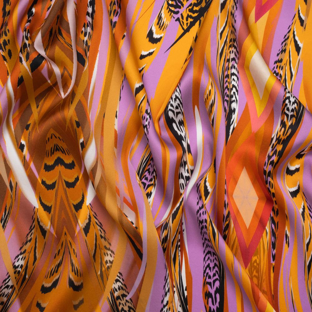 Silk Charmeuse Panel 16MM, Made in Italy - Orange, Purple and Tan Fanning Feathers - Joann Fabrics