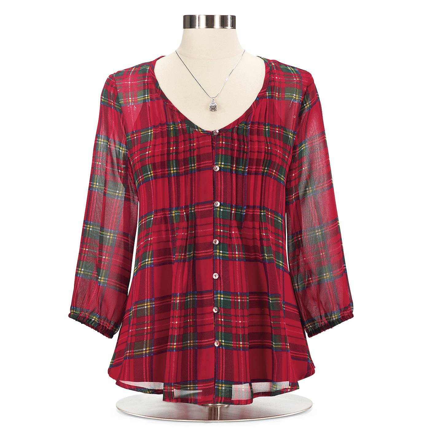 Plaid Georgette Blouse, Three-Quarter Sleeve, Sheer - Northstyle Catalog