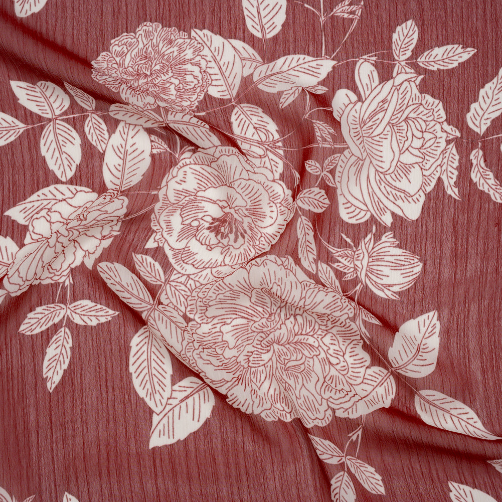 Crinkled Polyester Chiffon Print - Burgundy and White Floral - Designer Deadstock - Joann Fabrics
